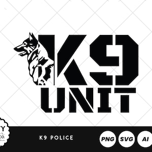 May include: Black and white graphic design featuring a German Shepherd dog silhouette and the words "K9 UNIT". The design includes the text "K9 POLICE" and file type icons: PNG, SVG, AI, and PDF. The Salty Hat Co. logo is in the lower left corner.