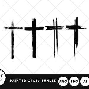 May include: Four black painted cross designs with a brushstroke effect are shown. The crosses vary in style, with some having thick, solid lines and others featuring a more textured, dripped appearance. The image includes the text "Painted Cross Bundle".