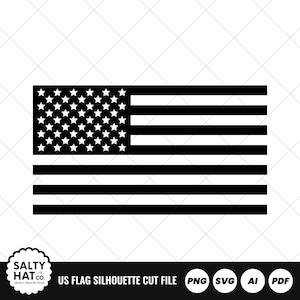 May include: Black and white silhouette of the American flag. The flag features 50 white stars in a blue rectangle and 13 alternating red and white stripes. The image includes the text "US FLAG SILHOUETTE CUT FILE" and file type icons.