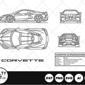 May include: Black and white line art of a Corvette C8 sports car, shown from multiple angles: side, front, top, and rear. Includes the word "CORVETTE" and a specifications chart. File formats: DXF, PNG, SVG, AI, and PDF.