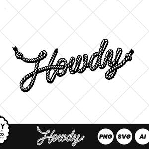 Op de afbeelding: Zwart-wit afbeelding van het woord "Howdy" in een touwachtig lettertype. Het ontwerp is geplaatst tegen een witte diamantpatroon achtergrond. De onderkant van de afbeelding bevat de tekst "Howdy" en bestandstype-iconen.