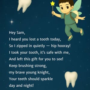 Könnte beinhalten: Illustration einer Zahnfee mit einem Sternenstab, zwei Zähnen und Text auf dunklem blauem Hintergrund. Der Text lautet: "Hey Sam, ich habe gehört, dass du heute einen Zahn verloren hast... Deine Zähne sollen Tag und Nacht glänzen!"
