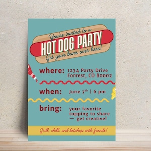 Invitation à une fête de hot-dogs • Modèle sur toile modifiable • Imprimable pour cuisiner au barbecue • Soirée d'été au grill dans l'arrière-cour Télécharger