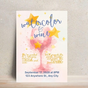 Watercolor Wine Night Invitation: Paint & Sip Party Canva Template Digital Download