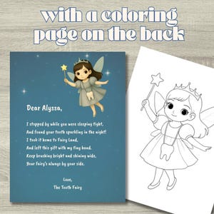 Lettre de la fée des dents avec page à colorier • Imprimable à télécharger pour les enfants • Nom modifiable • Note de la fée des dents