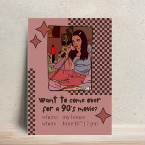 Convite para noite de cinema dos anos 90 • Modelo editável do Canva • Imprimível para noite de garotas retrô • Download de convite para festa do pijama ou aniversário