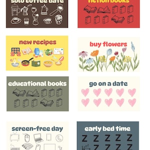 May include: A collection of illustrated cards with various themes. The cards include "solo coffee date" with coffee-related icons, "fiction books" with book illustrations, and "new recipes" with cooking icons. Other cards feature "buy flowers", "educational books", "go on a date", "screen-free day", and "early bed time".