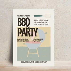 May include: A BBQ party invitation on a light beige background. The text "BBQ PARTY" is in large, bold letters. The invitation includes the date, time, and location, and a graphic of a barbecue grill. The invitation also includes the text "Bring a side, snack, or something to throw on the grill!"