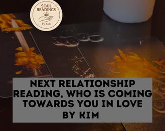 May include: A tarot card reading advertisement with the text "SAME HOUR READING" and "NEXT RELATIONSHIP READING, WHO IS COMING TOWARDS YOU IN LOVE BY KIM". The image also features a logo with the text "SOUL READINGS by Kim" and a stylized eye.