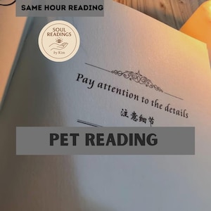 May include: A white book with the title "SAME HOUR READING" and the text "Pay attention to the details" in black. The book also has the text "SOUL READINGS by Kim" and "PET READING" in black.
