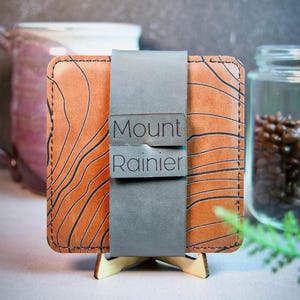 Mount Rainier Topography Coasters: Laser-Engraved Vegan Leather, Set of 4