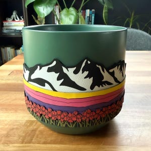 Coprivaso in pelle vegana / Plantscapes / Regalo per gli amanti delle piante / Decorazione per fioriere boho / Topografia floreale di montagne desertiche Orca Tulip / Coprivaso