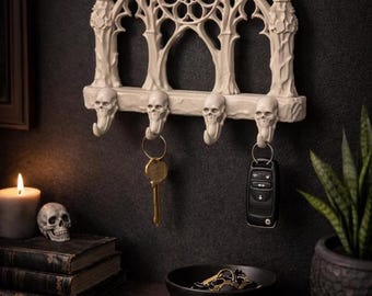 Gothic Skull Key Holder STL, Cathedral Wall Organizer, Dark Decor Hooks (Digital File)