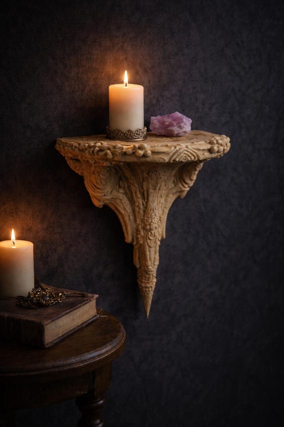 Gothic Wall Shelf Altar – Bone Style Dark Fantasy Decor for Candles, Crystals, Ritual Displays