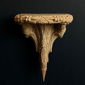 May include: A beige, ornate wall shelf with a detailed, carved design. The shelf has a rounded top with floral and geometric patterns, supported by a sculpted, tapering base. The shelf is against a dark background.