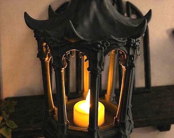 Gothic Hanging Lantern 12" | Dark Home Decor, Witchy Altar Accent (LED Candle Holder)