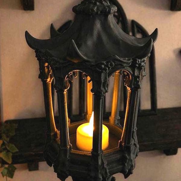 Gothic Hanging Lantern 12" | Dark Home Decor, Witchy Altar Accent (LED Candle Holder)