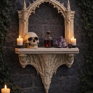 May include: A gothic-style shelf with a skull, a bottle, and a purple crystal. Two lit candles flank the shelf. The shelf is mounted on a dark stone wall with the text "DIGITAL STL FILE" at the top.