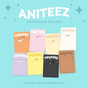 Può includere: Una collezione di riempitivi per fototessere in vari colori pastello, ognuno con un diverso animale dei cartoni animati. Le carte hanno la parola "MISSING" in alto e sono etichettate "ANITEEZ" e "PHOTOCARD FILLERS". La parte inferiore dell'immagine recita "DIGITAL FILE DOWNLOAD".