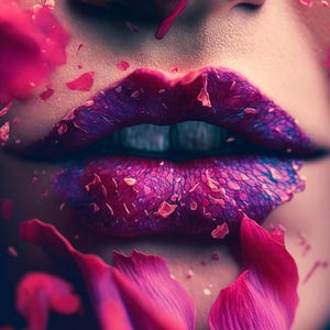May include: Close-up of a person's lips, painted with a vibrant purple and pink design. The lips are adorned with a textured pattern, and surrounded by scattered pink petals, creating a floral and artistic effect.