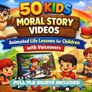 Może przedstawiać: Kolorowa ilustracja promująca "50 Kids Moral Story Videos". Obraz przedstawia sowę, tęczę i dzieci. Tekst zawiera "Animated Life Lessons for Children with Voiceovers" i "FULL PLR RIGHTS INCLUDED."