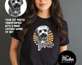 Camiseta gráfica personalizada en capas hechas a mano de tu perro o gato: regalo de retrato de mascota personalizado, camiseta para amantes de los animales, camisetas de algodón de inspiración vintage