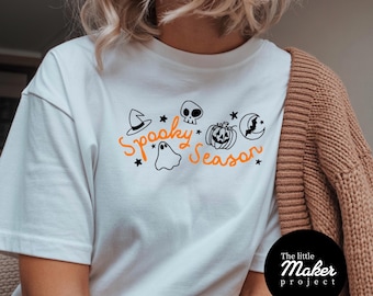 Cute Hand Drawn Ghost Pumpkin Halloween T Shirt, Spooky Season Witch Skull Bat Moon Graphic Tee, Personalized Unisex Trick Or Treat Top