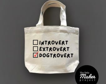 Grappig introvert extravert dogtrovert citaat mini canvas draagtas, gepersonaliseerde checklist ontwerp lunchtas, aangepaste hondenliefhebber cadeau huisdier