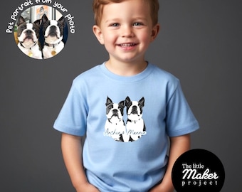 Camiseta gráfica personalizada para niños de su perro o gato: recuerdo de retrato de mascota personalizado y hecho a mano, camisetas para niños amantes de los animales de inspiración vintage