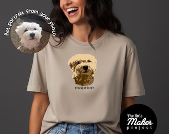 Camiseta personalizada con retrato de tu mascota en tonos sepia, realizada a mano con capas: Regalo personalizado hecho a mano para perros o gatos, Camisetas de estilo vintage para amantes de los animales.
