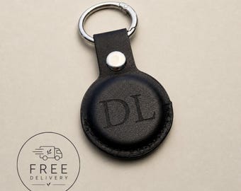 Personalised Engraved Apple AirTag Holder, Faux Leather Keyring, Custom Name Date Monogram, Luggage School Bag Tracker
