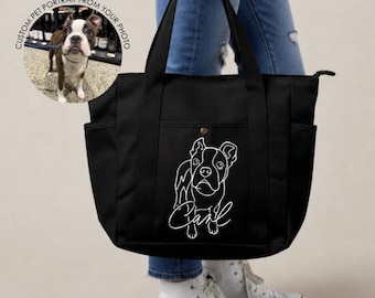 Custom Pet Portrait Tote Bag, Personalised Dog Cat Line Drawing, Zippered Canvas Handbag, Hand Drawn Photo Keepsake