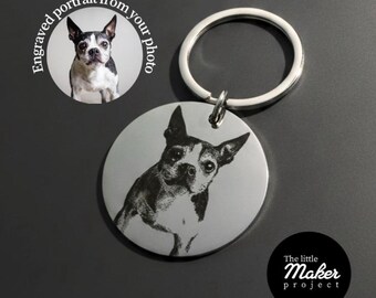 Custom Engraved Portrait Photo Keyring, Personalized Dog Text Dates Stainless Steel Keychain, Rainbow Bridge Memorial Pet Loss Sympathy Gift