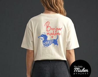 Camiseta con dibujo a mano de un perro salchicha "Bonjour Madame", camiseta gráfica de perro salchicha parisino, camiseta de perro salchicha 100% algodón, regalo para amantes de los perros salchicha, camiseta para amantes de los perros salchicha