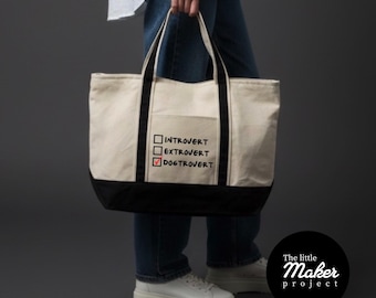 Introvertido, Extrovertido, Dogtrovert, Tick Bolso de lona grande personalizado: Bolso de hombro con cremallera de algodón para mascotas, regalo único y divertido para amantes de los animales, hecho a mano con capas