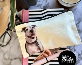 Bolsa de lona con cremallera personalizada para mascotas: bolsa de maquillaje personalizada para perros o gatos, regalo único hecho a mano para amantes de los animales, regalo de retrato de bebé peludo para mamá perro