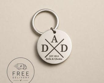Custom Engraved Minimalist Dad Keyring, Personalized Names Dates Stainless Steel Keychain, Father's Day Key Fob, New Baby Announcement Gift