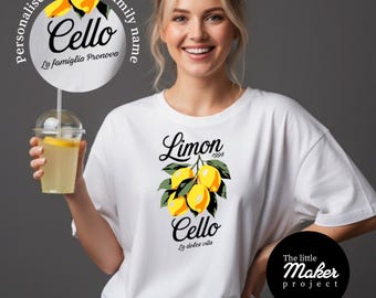 Gepersonaliseerde T-shirt limoncello, aangepaste familienaam Italiaans zomershirt, grafische top La Dolce Vita Lemon, uniseks katoenen t-shirt Amalfi-stijl