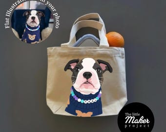 Gepersonaliseerde mini canvas draagtas huisdier portret, aangepaste hond illustratie lunchtas, platte draagtas in kunststijl, unieke dierenliefhebber aandenken