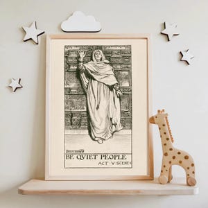 May include: Black and white illustration of a person in a robe standing in front of a wall with intricate carvings. The text below the image reads "BE QVIET PEOPLE ACT. V. SCENE. I."