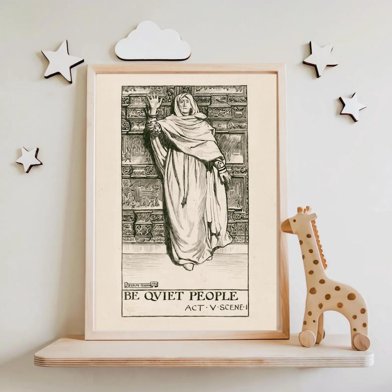 May include: Black and white illustration of a person in a robe standing in front of a wall with intricate carvings. The text below the image reads "BE QVIET PEOPLE ACT. V. SCENE. I."