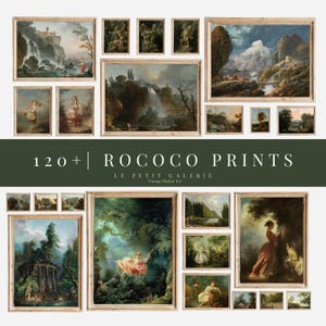 May include: A collage of 120+ Rococo prints featuring vintage digital art. The prints are framed in gold and depict various scenes, including landscapes, figures, and still lifes. The text "120+ Rococo Prints" and "Le Petit Galerie Vintage Digital Art" is displayed at the top of the collage.