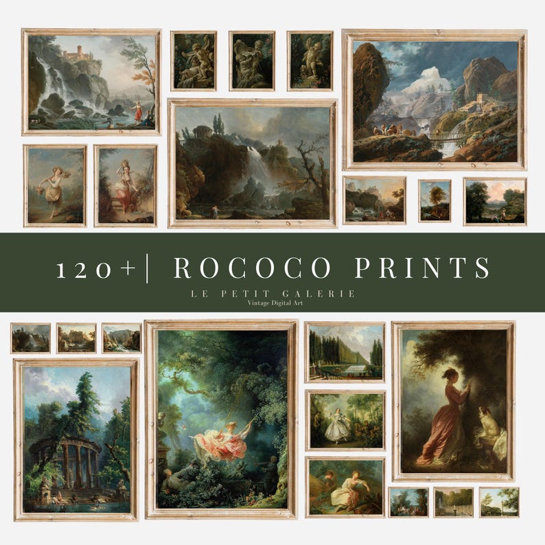 May include: A collage of 120+ Rococo prints featuring vintage digital art. The prints are framed in gold and depict various scenes, including landscapes, figures, and still lifes. The text "120+ Rococo Prints" and "Le Petit Galerie Vintage Digital Art" is displayed at the top of the collage.