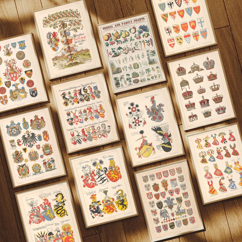 K&ouml;nnte beinhalten: Eine Sammlung von Vintage-Drucken mit Wappen, Wappenschildern und heraldischen Symbolen. Die Drucke sind in verschiedenen Stilen und Farben gehalten, darunter Schwarzwei&szlig;, Rot, Blau und Gold. Die Drucke sind gerahmt und zum Aufh&auml;ngen bereit.
