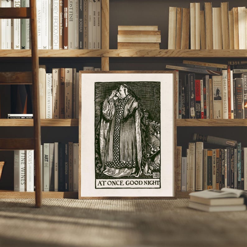 May include: Black and white woodcut print of a person in a long robe with the text "At Once Good Night".