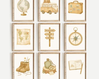 Impressions de voyage d'aventure pour chambre d'enfant – Lot de 9 oeuvres d'art murales numériques | Globe terrestre, boussole, camping-car, carte, chaussures de randonnée, journal | Décoration de chambre d'enfants