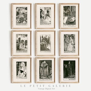 Op de afbeelding: Een set van negen zwart-wit vintage illustraties in frames. De illustraties zijn afkomstig uit Shakespeares toneelstukken en tonen scènes uit Romeo en Julia, Antonius en Cleopatra en Hamlet. De tekst uit de toneelstukken is opgenomen in de illustraties.