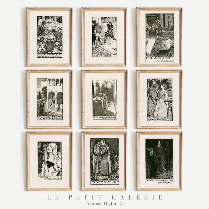 May include: A set of nine black and white vintage illustrations in frames. The illustrations are from Shakespeare's plays and feature scenes from Romeo and Juliet, Antony and Cleopatra, and Hamlet. The text from the plays is included in the illustrations.