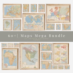 Pode incluir: Uma coleção de mapas vintage emoldurados em vários tamanhos, dispostos sobre um fundo claro. Os mapas apresentam informações geográficas detalhadas com uma variedade de cores. O texto "60+ | Maps Mega Bundle" é exibido no centro.