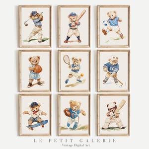Vintage Sports Teddy Bear Nursery Prints, Set of 9, Baby Boy Sports Room Wall Art, babyshower gift boy, golf theme nursery, charming bear